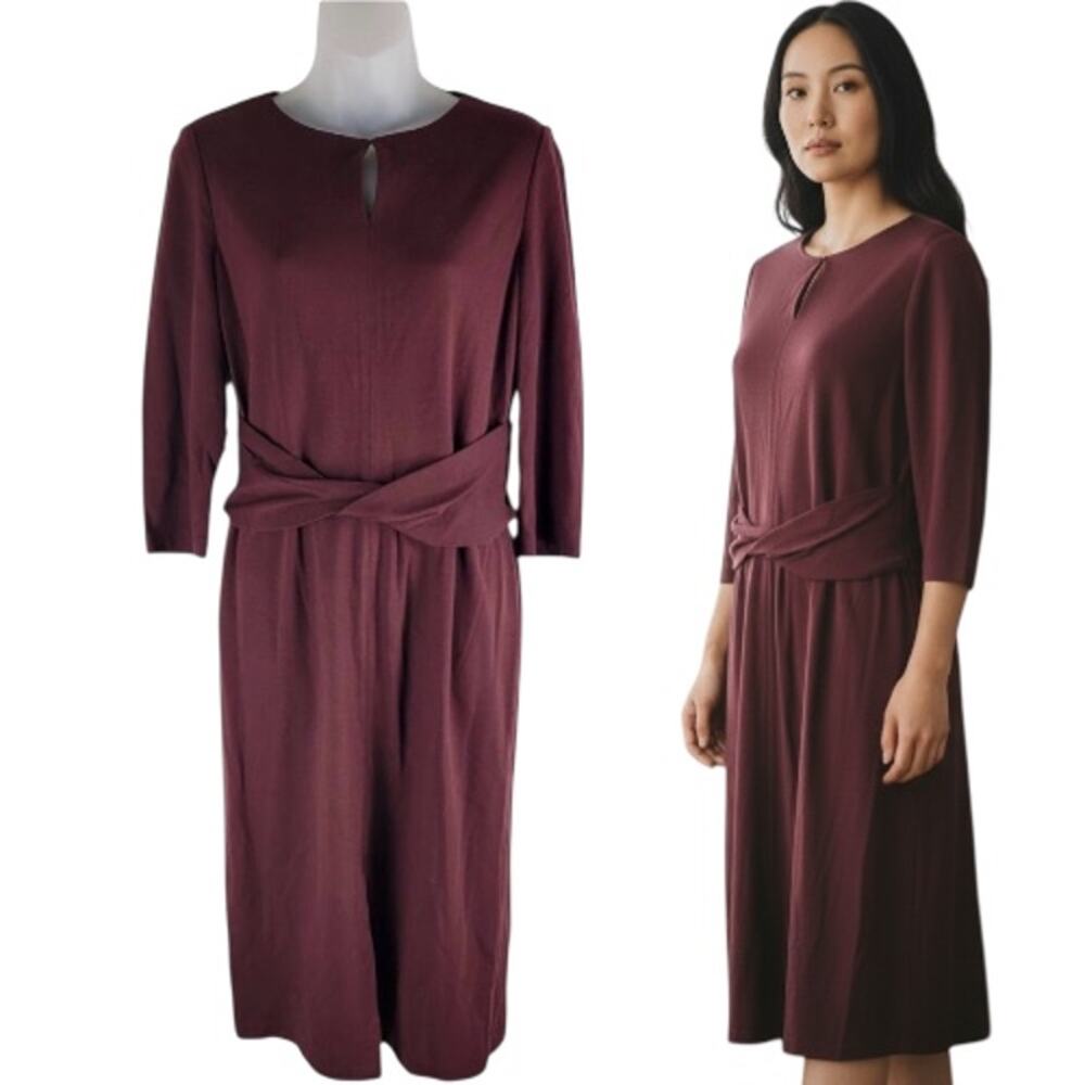 Lafayette 148 Long Sleeve Front Keyhole Twisted Waist Sheath Dress Brown Size M